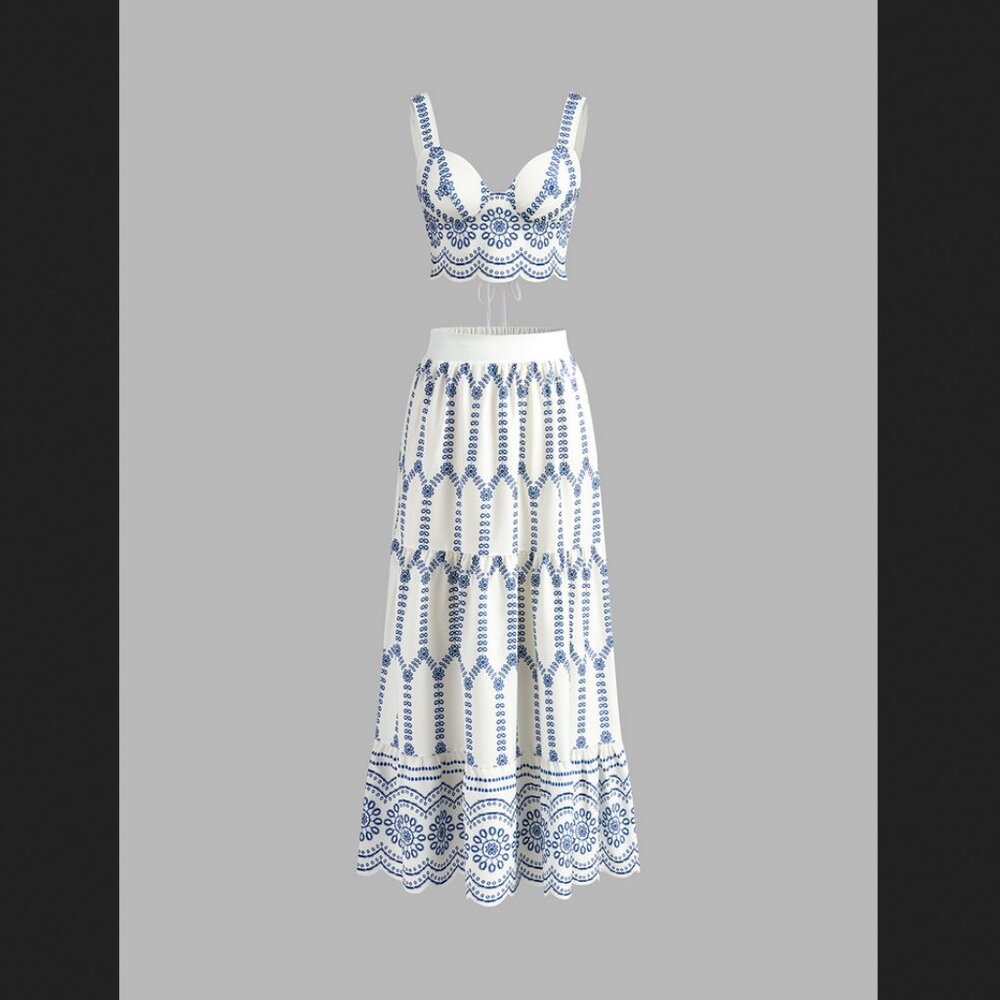 Commense Blue and White Skirt Set